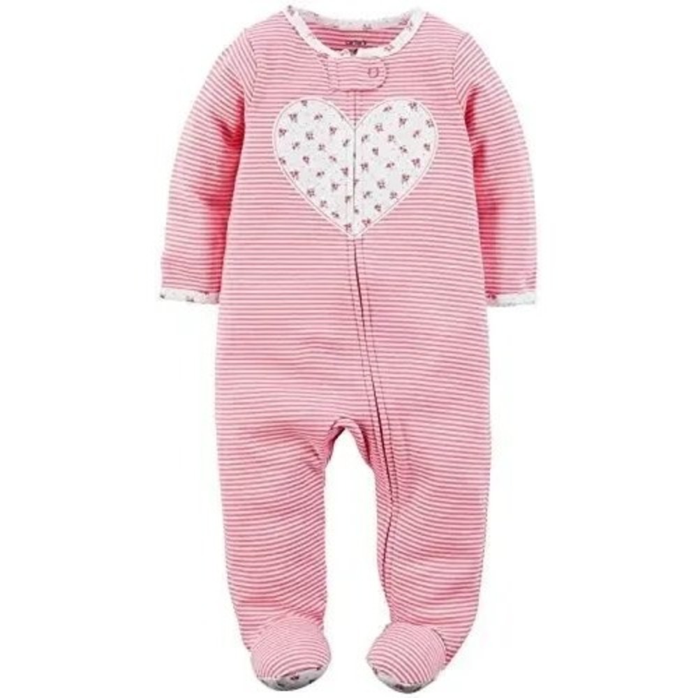 Carter's Baby Girls Size 3 Months Sleeper Pink White Stripes Heart Zipper Long